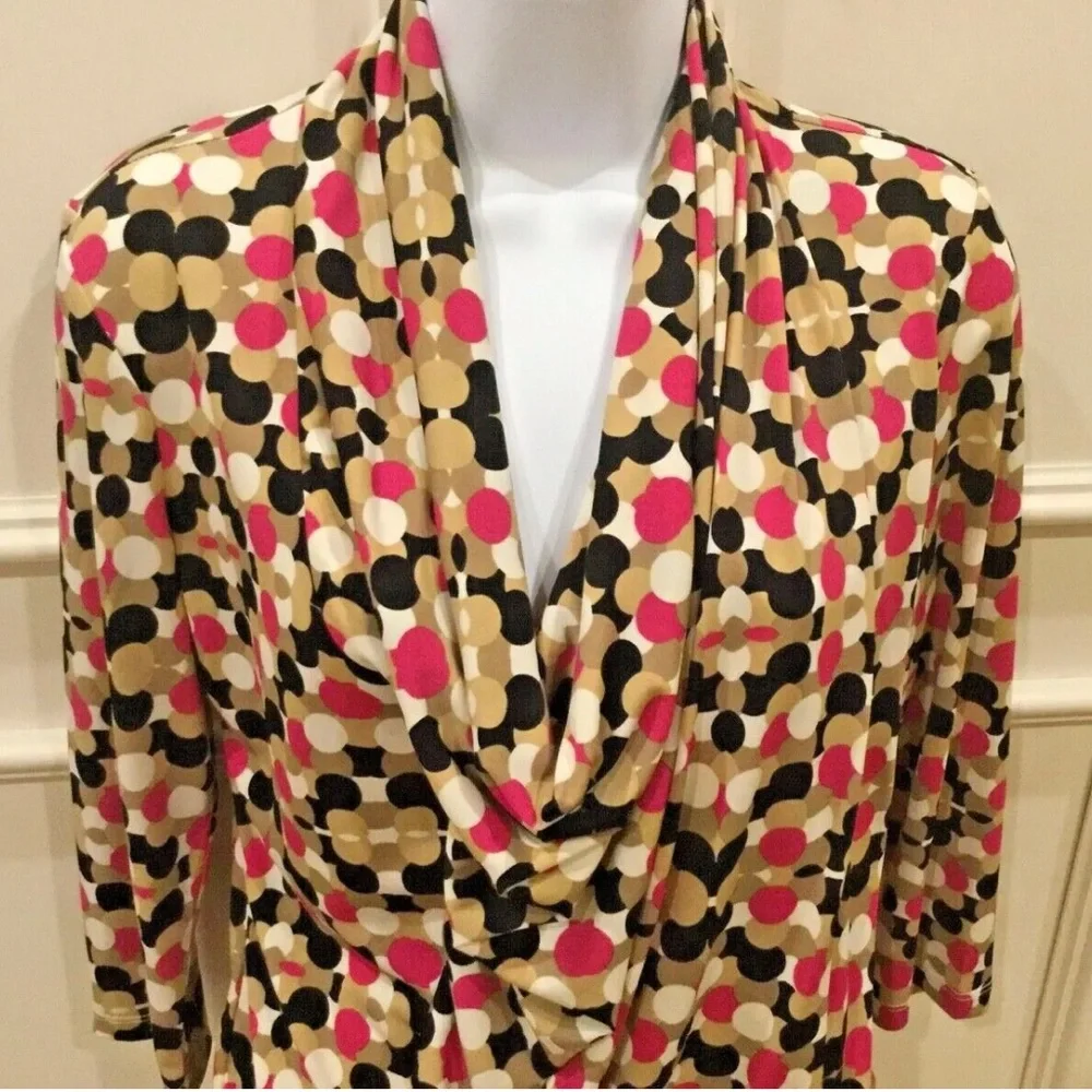 Ellen Tracy Blouse Size Small Pink Brown Ivory Polka Dot - Picture 2 of 12
